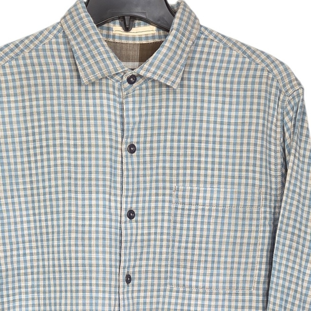 Tommy Bahama Button Up Shirt‎ Mens Medium Blue Tan Gingham Check Long Sleeve